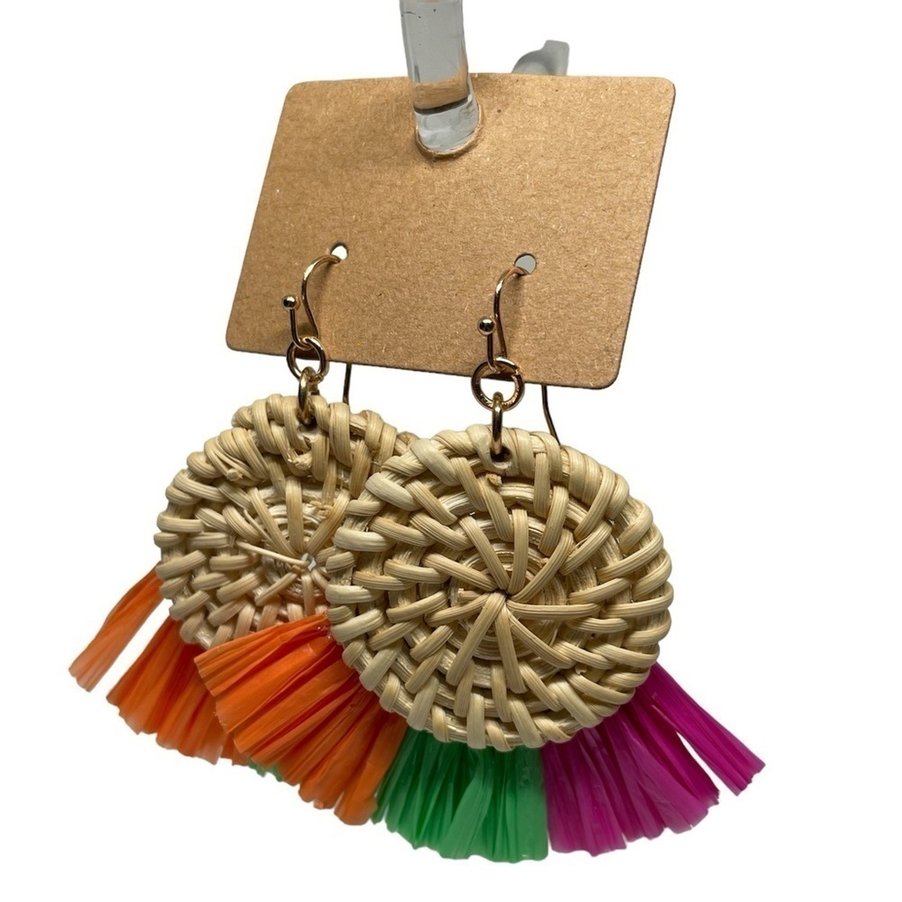 Boho Rattan Circle Earrings 2” Drop